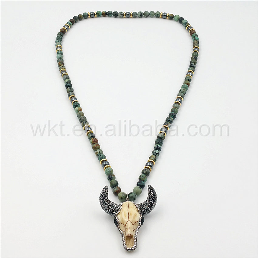 WT-N858 Wholesale 32" Beads Cattle Necklace Design Jewelry,8mm Africa Turquoise Beads Cattle Necklace Charm Rhinestone Paved