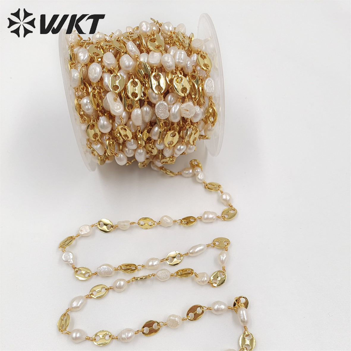WT-RBC210 New Gold Electroplated Resist Tarnishable Freshwater Pearl Mixcure Chain for Jewelry Design Finding Bean Shape Chain