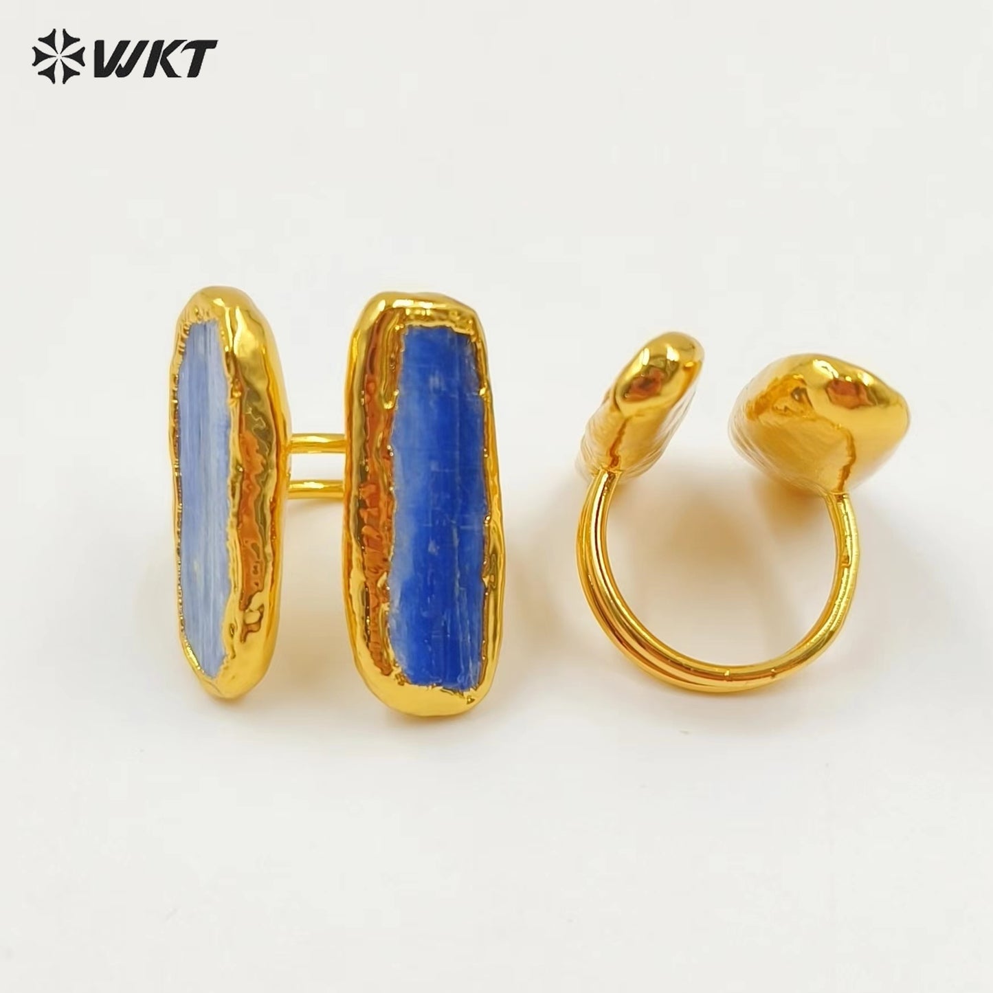 WT-R496 WKT New Design Fashion 18K Real Gold Plated Double Stone Blue Kyanite Ring in Open Size US7 Bohemian Style