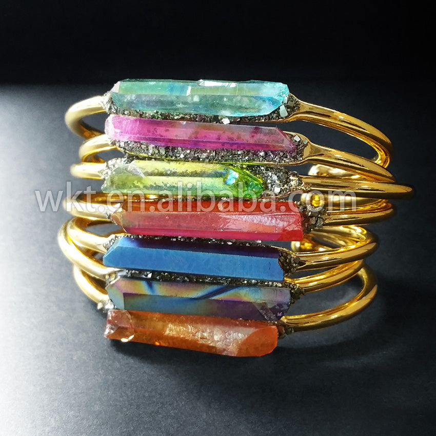 WT-B212 Fashion Vintage Trendy Amazing Aura Crystal Quartz Bangle Bracelet,Fashion Titanium Electroplated Quartz Bracelet
