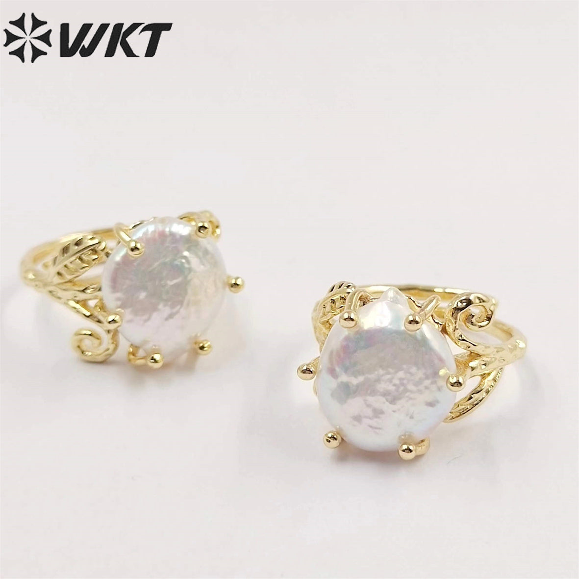 WT-MPR049 Unique Fashion Gold Plated Prong Setting Women Pearl Ring Delicate Round Coin Pearl Anneversary Gift Ring for Wife