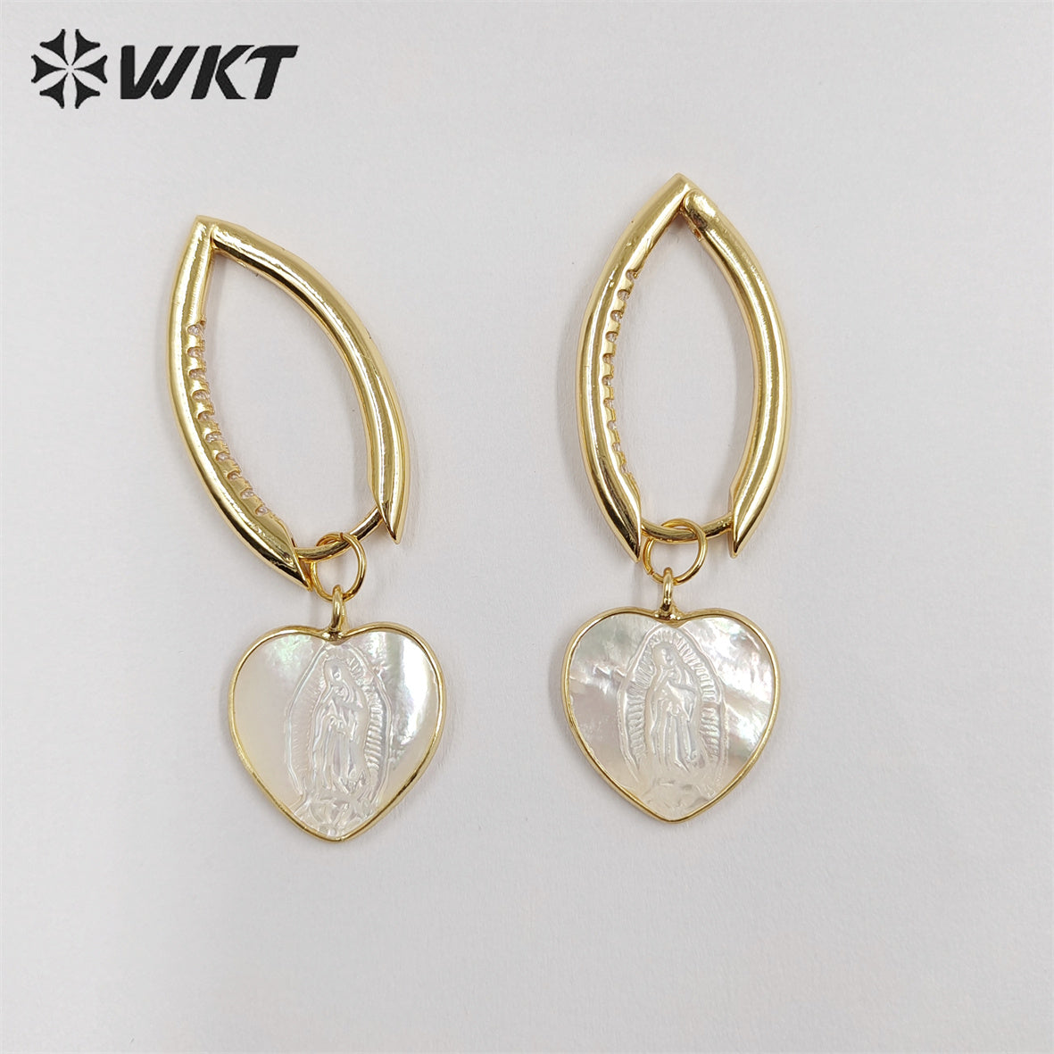 WT-MPE090 WKT Unique Gold Metal Long Hoop Natural Mop Heart Shell Earrings Religion Women Virgin Mary Earrings