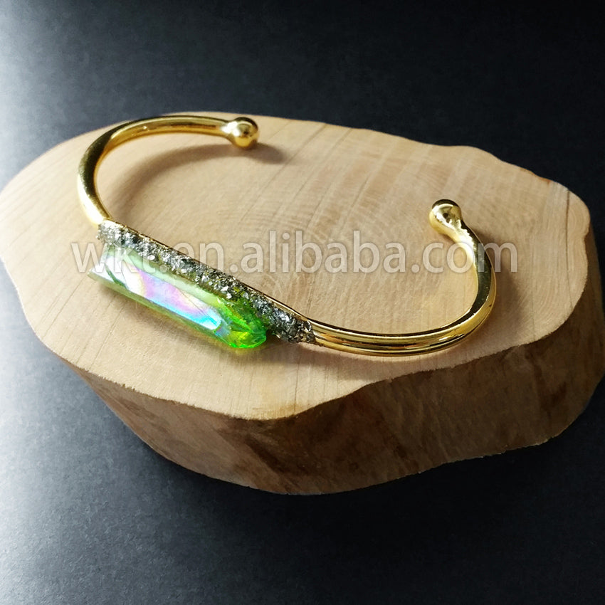 WT-B212 Fashion Vintage Trendy Amazing Aura Crystal Quartz Bangle Bracelet,Fashion Titanium Electroplated Quartz Bracelet