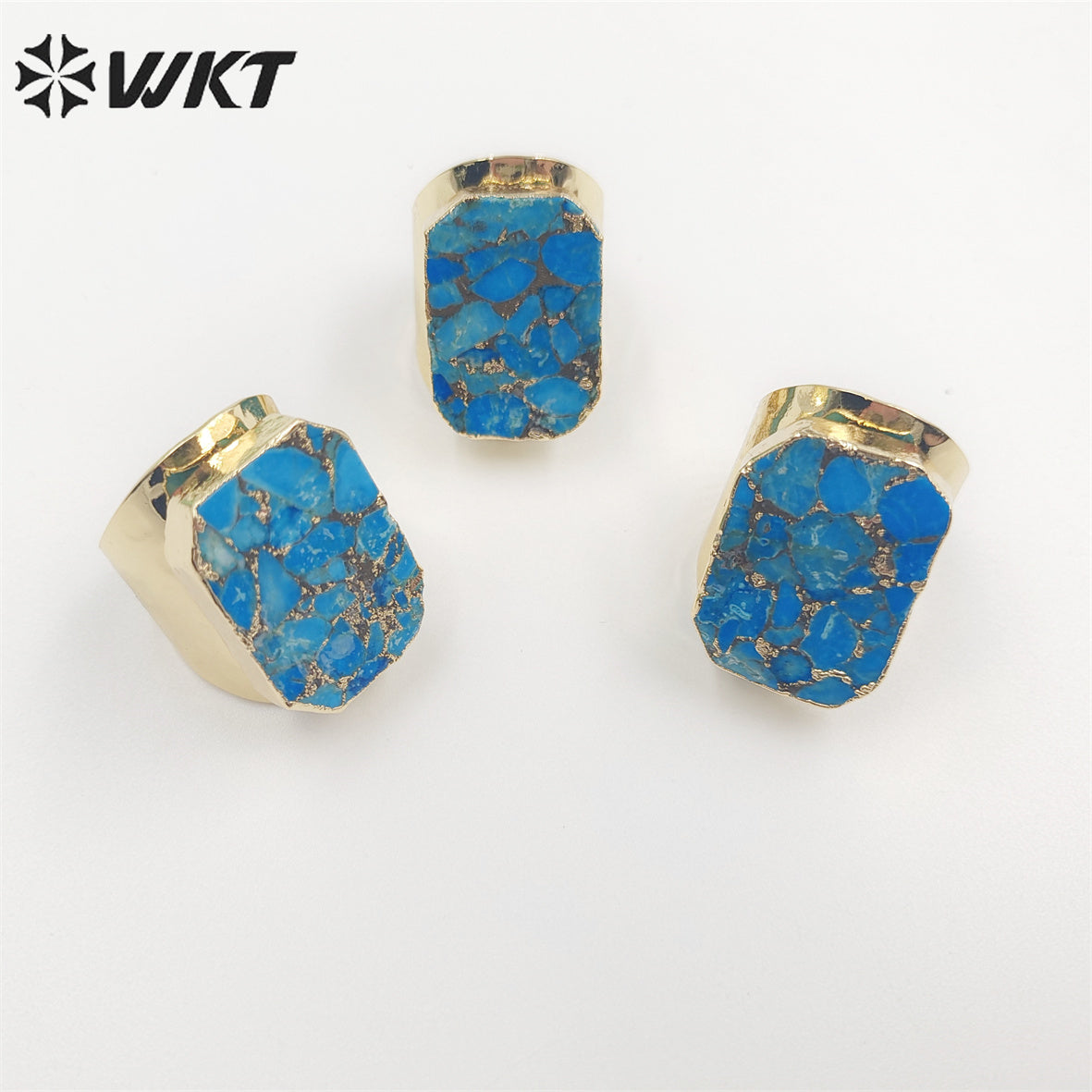 WT-R421 Wholesale Fashion Gold Long square Copper Turquoise Ring with Big Band Gorgeous Cocktail Party Ring for Women Stone Ring