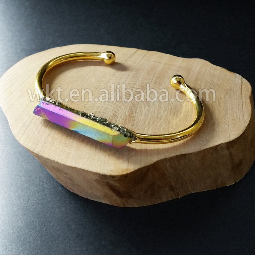 WT-B212 Fashion Vintage Trendy Amazing Aura Crystal Quartz Bangle Bracelet,Fashion Titanium Electroplated Quartz Bracelet