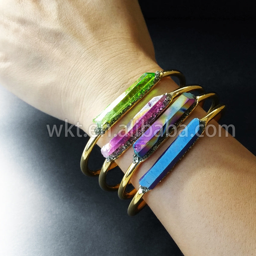 WT-B212 Fashion Vintage Trendy Amazing Aura Crystal Quartz Bangle Bracelet,Fashion Titanium Electroplated Quartz Bracelet