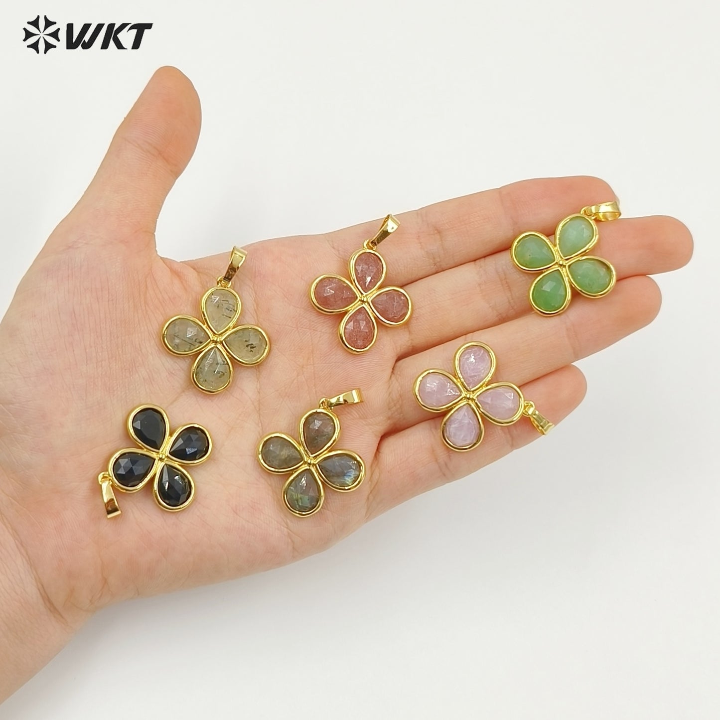 WT-P2031 Romantic Lovely Gold Plated Lucky Four Leaves Clover Flowers Shape Natural Gemstone Pendants For Ladies Necklace DIY