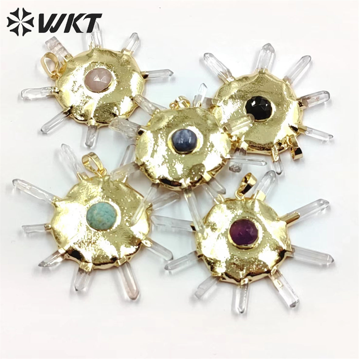 WT-P1884 WKT New Design Fashion Crown Shape Crystal Quartz Pendant Boho Women Round Wheel Stone Pendant for Necklace