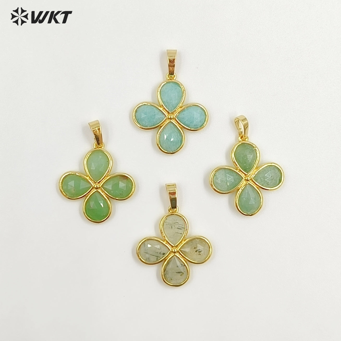 WT-P2031 Romantic Lovely Gold Plated Lucky Four Leaves Clover Flowers Shape Natural Gemstone Pendants For Ladies Necklace DIY
