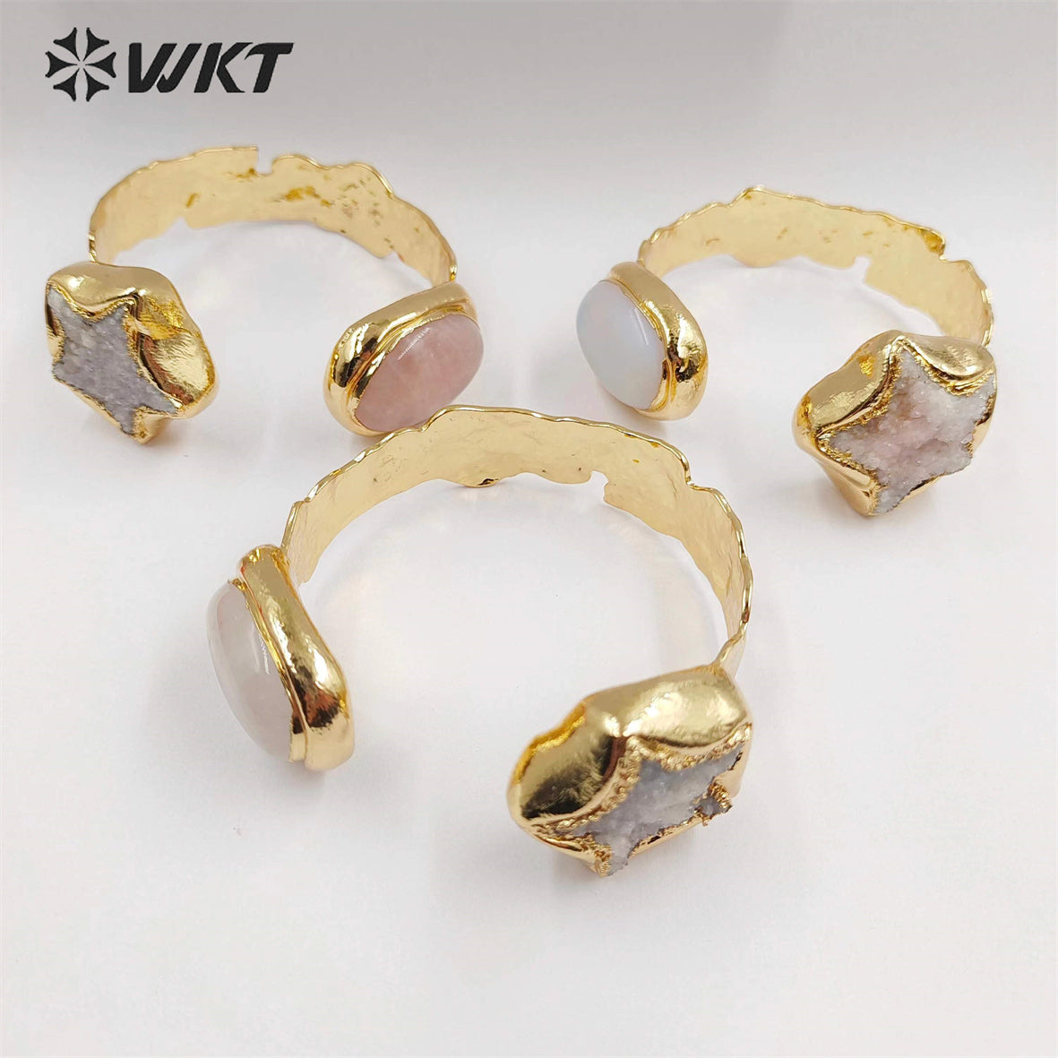 WT-B626 WKT Exclusive New Double Stone Star Quartz Bangle Gorgeous 18k Gold Electroplated Resist Tarnishable Green Chalcedony