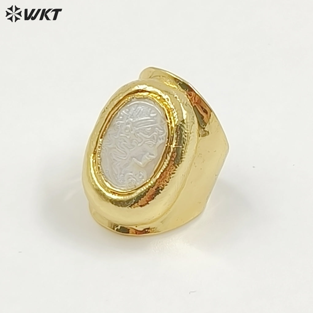 WT-MPR062 Wholesale Beautiful Hand Carved Shell Beauty Ring 18K Real Gold Plated Women Birthday Jewelry Gift