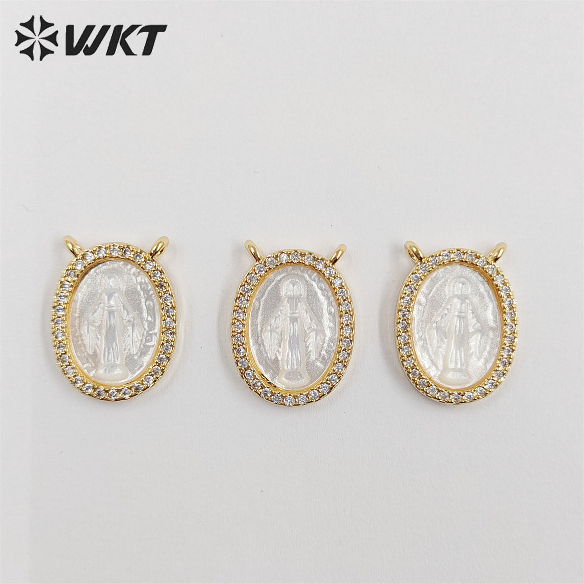 WT-JP329 Newest Lovely Micropaved Cubic Zircon Shell Miraculous Medal Pendant MOP Double Loops Religious Guadalupe Pendant