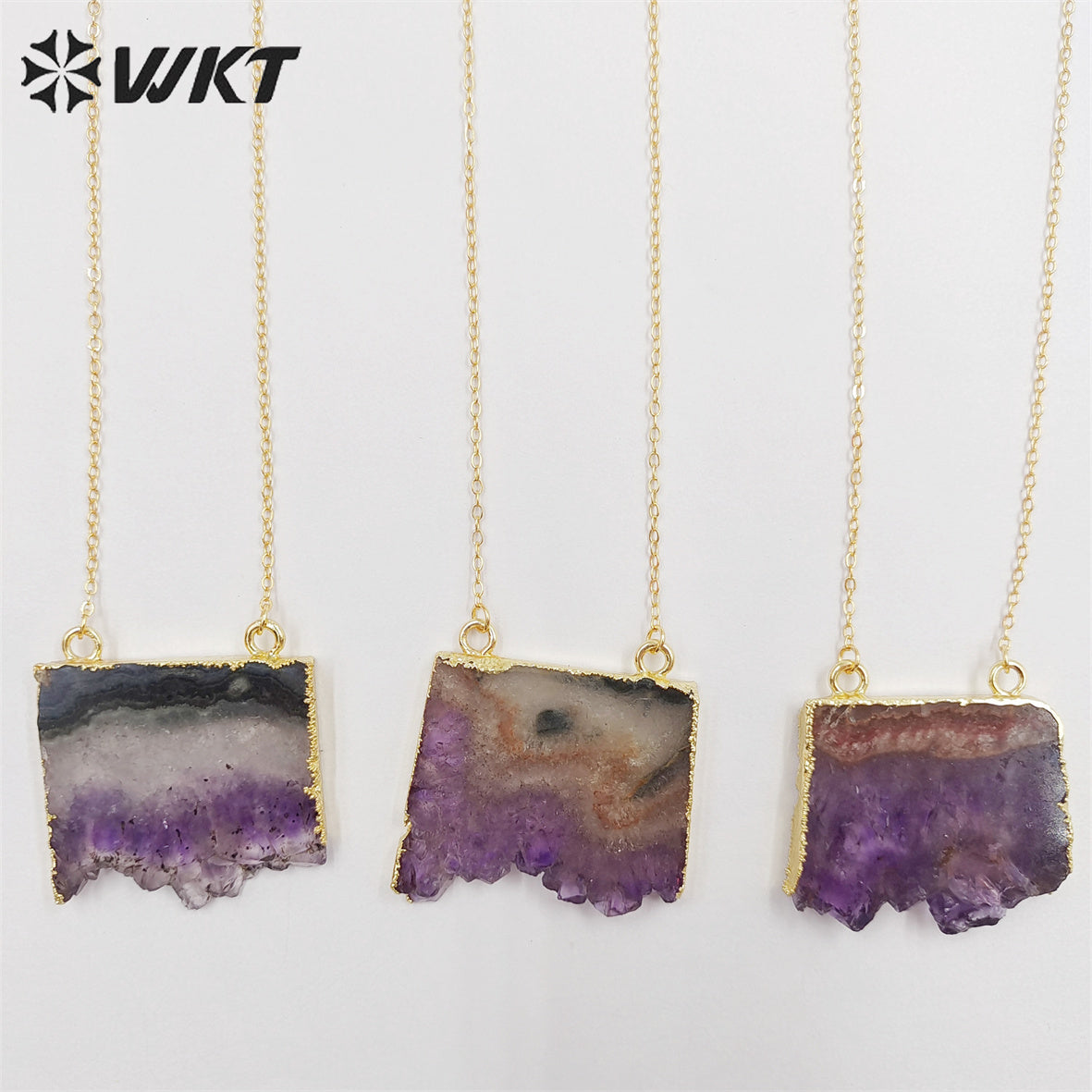WT-N123 Hot Fashion Gold Slice Amethyst Stone Pendant Necklace High Quality Natural Brazil Druzy Amethyst Stone Necklace