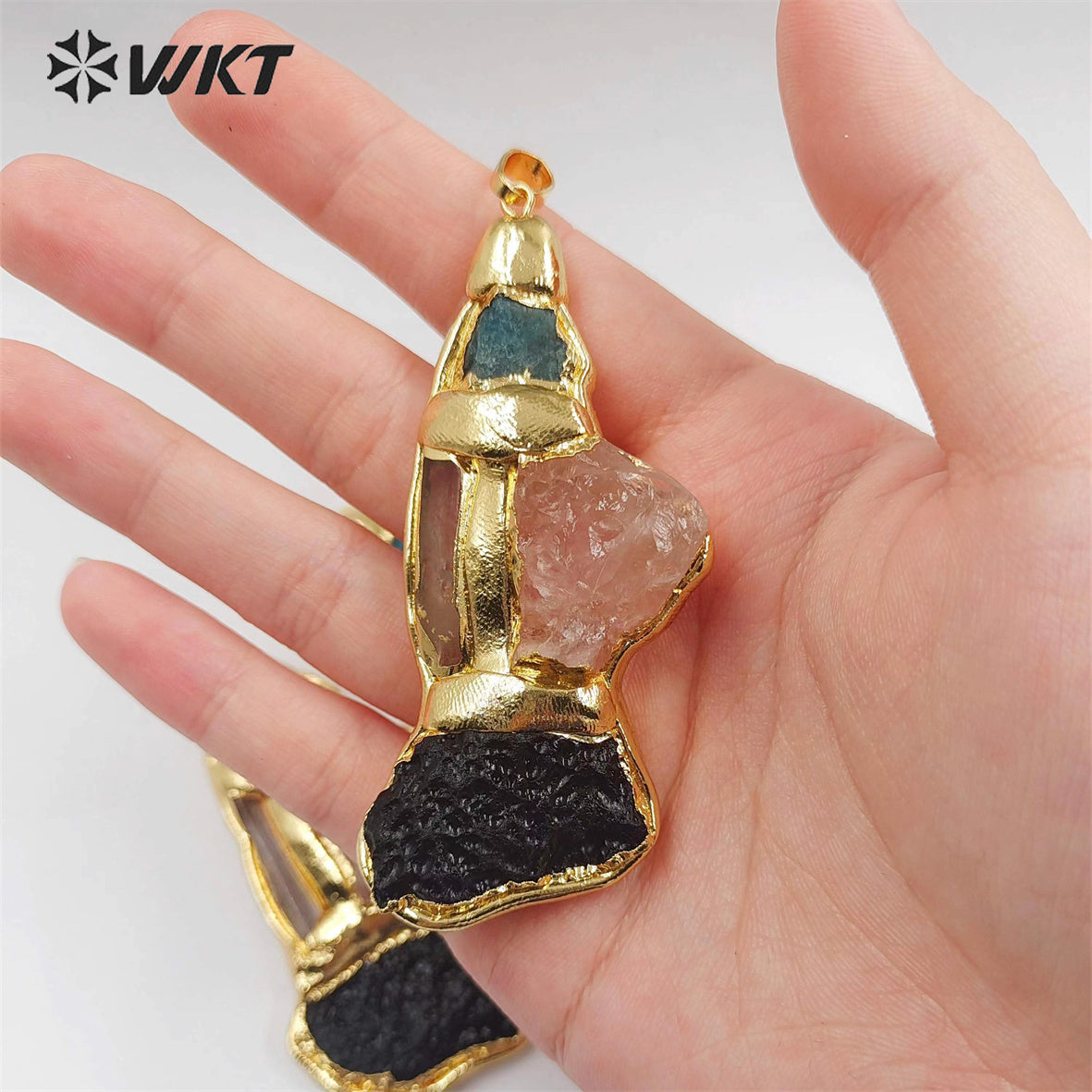 WT-P1905 Amazing Triple Gemstone Mixture Jewelry Pendants Genuine Energy Black Meteorite Rose Quartz Raw Stone Pendants