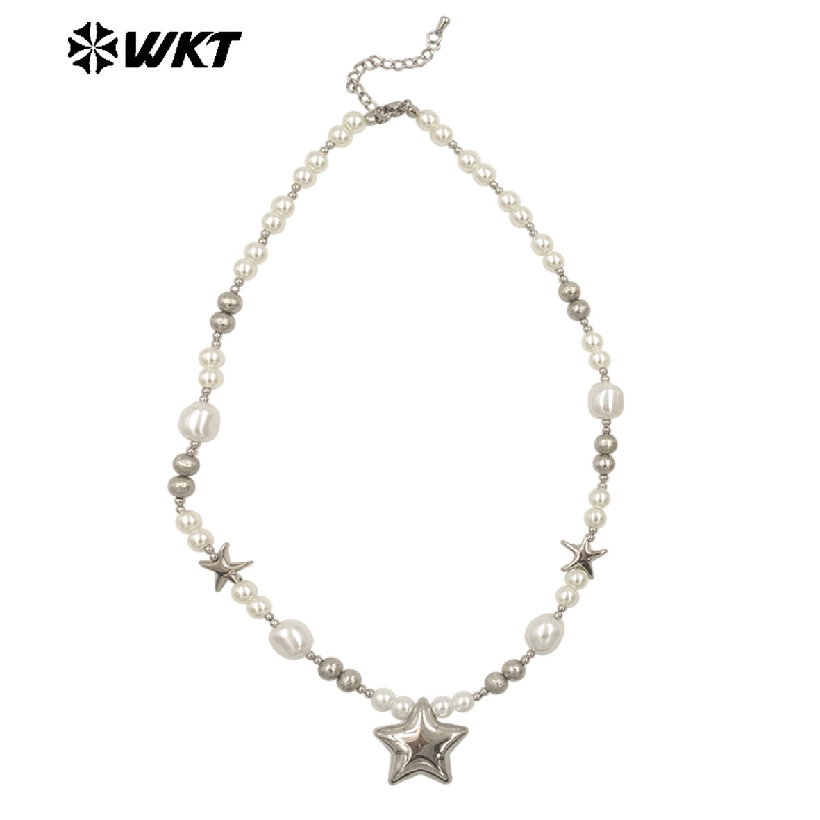 WT-JN287 WKT Natural Yellow Brass Artificial Pearl Star Shape Gold and Silver 16 Inch Necklace for the Girl As Birthday Gift