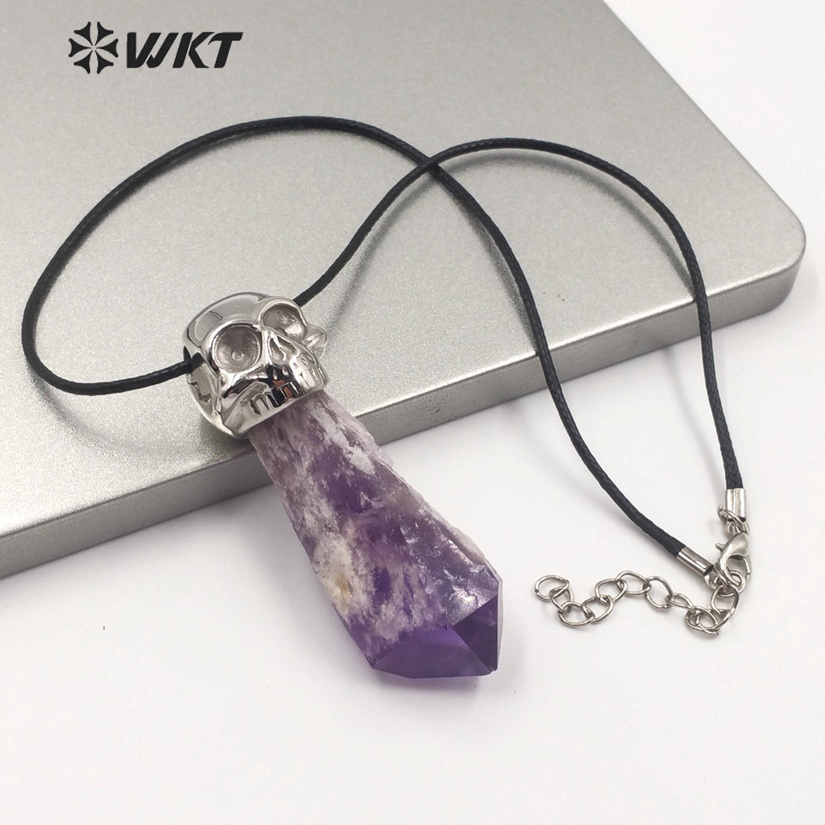 WT-N1213 Special Design Natural Amethyst Skull Pendant Necklace New Charm Jewelry Amethyst Necklace