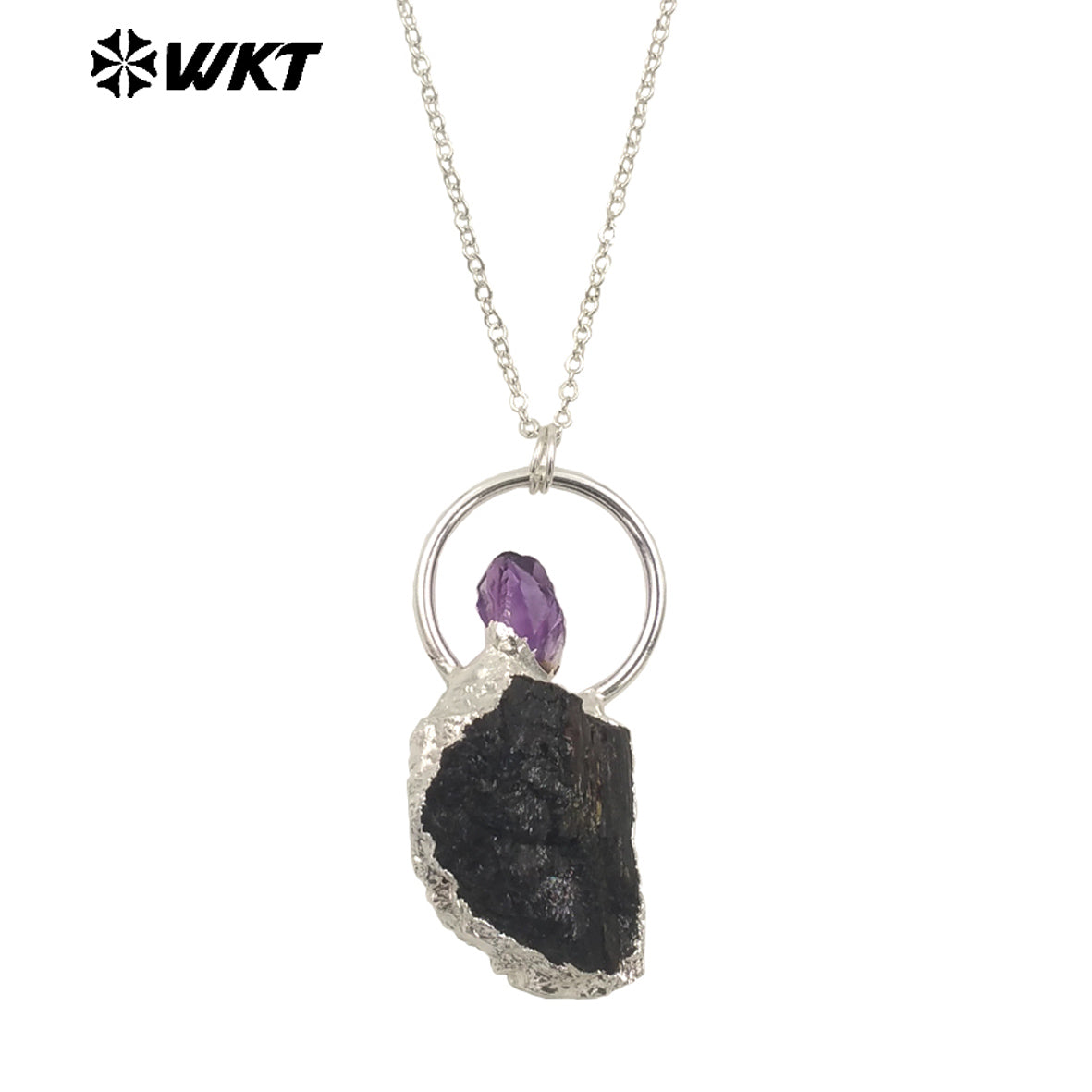 WT-N1467 Amazing Gold Plated Energy Healing Black Tourmaline With Amethyst Stone Pendant Necklace for Birthday Jewelry