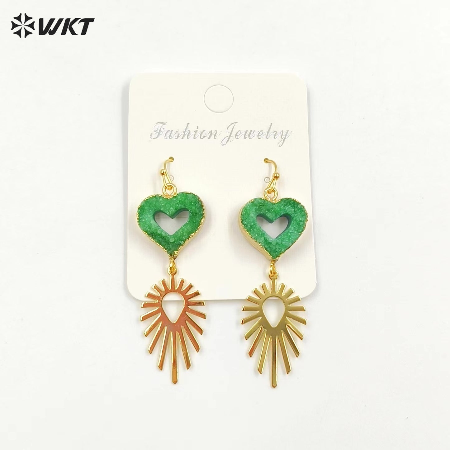 WT-E747 Wholesale Fashion New 18k Gold Plated Hollow Design Lovely Druzy Quartz Made Heart and Leaf Stone Earrings