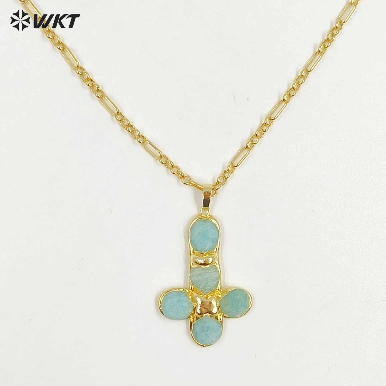 WT-N1495 Newest Wonderful Amazonite Natural Gemstone Back Full Gold Plated Cross Shape Pendant Necklace Fashion Jewelry