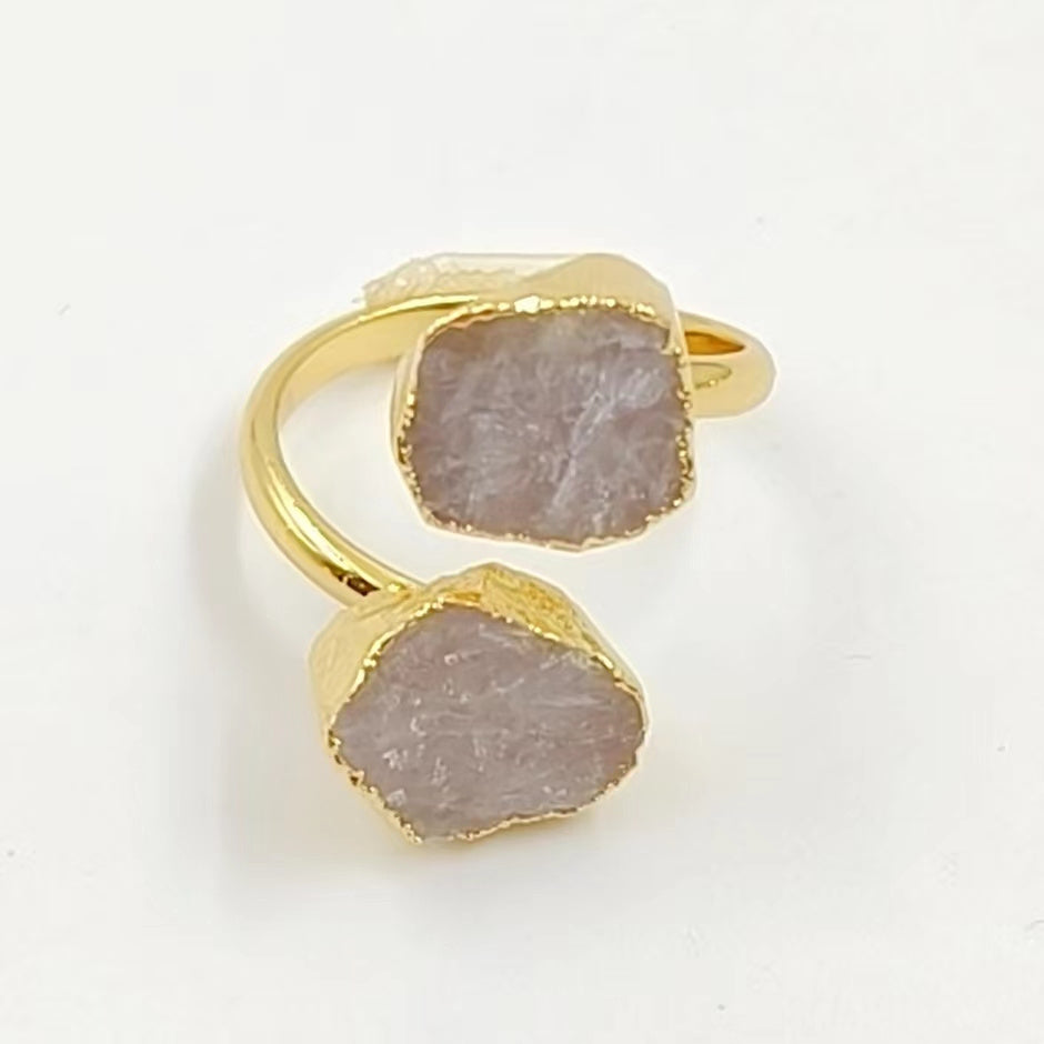 WT-R506 WKT Exclusive Design Double Natural Raw Gemstone Ring Women 18k Gold Plated Quartz Stone Birthday Gift