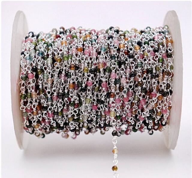 WT-RBC190 Wholesale Fashion Gold Electroplated Colorful Natural Tourmaline Beads Chain Handmade Stone Made Rosary Beads Chain