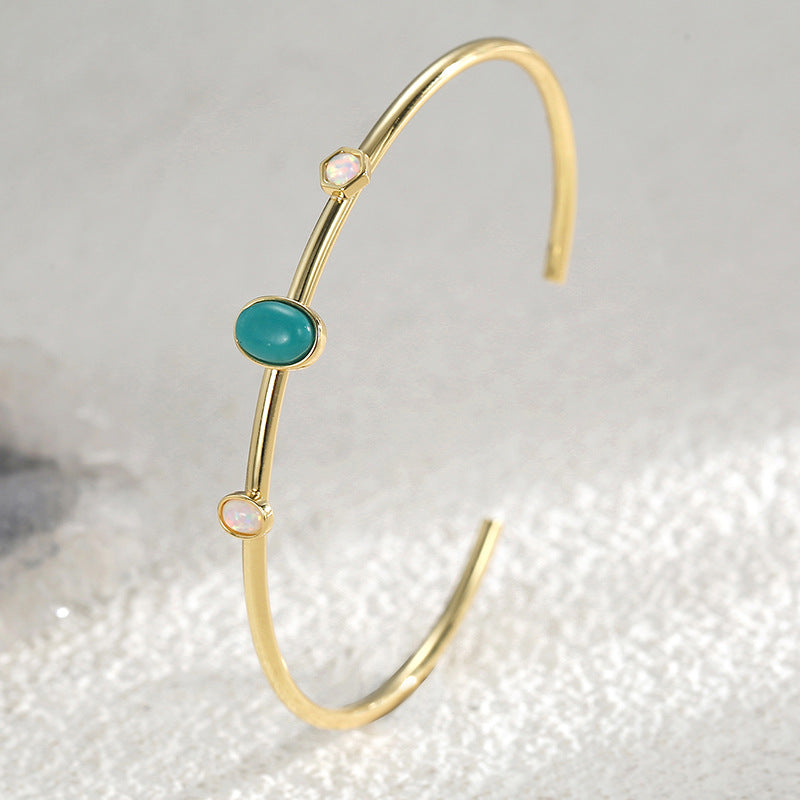WT-B703 Trendy Modern Style Gold Plated Natural Turquoise And Opal Stone Women Cuff Bangles As Ladies Elegant Jewelry Gift
