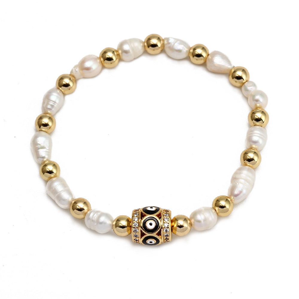 WT-MB123 Gorgeous Enamel Beads Women Bracelets Charming Natural Rice Pearl Beads Strand Bracelet with Turkey Eye Charms