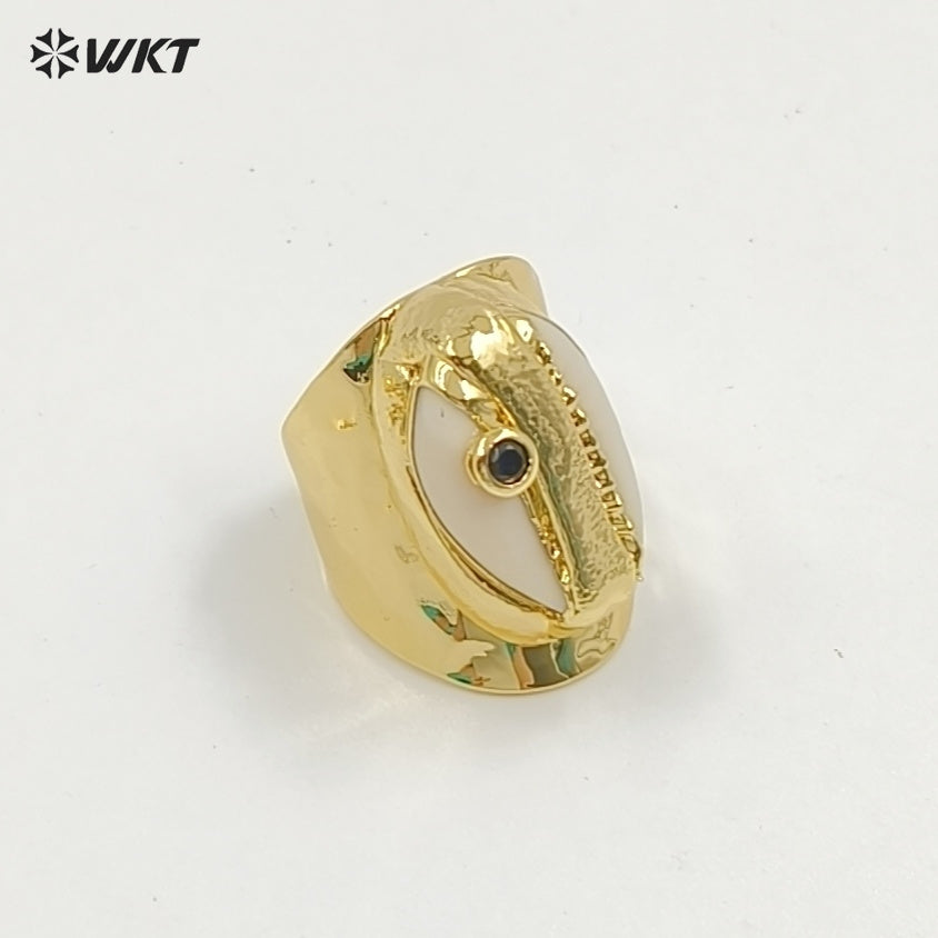 WT-R335 Wholesale Bohemian Style Cowrie Ring With Multicolor Beads in 18K Gold Plated Adjustable Natural Cowrie Shell Ring