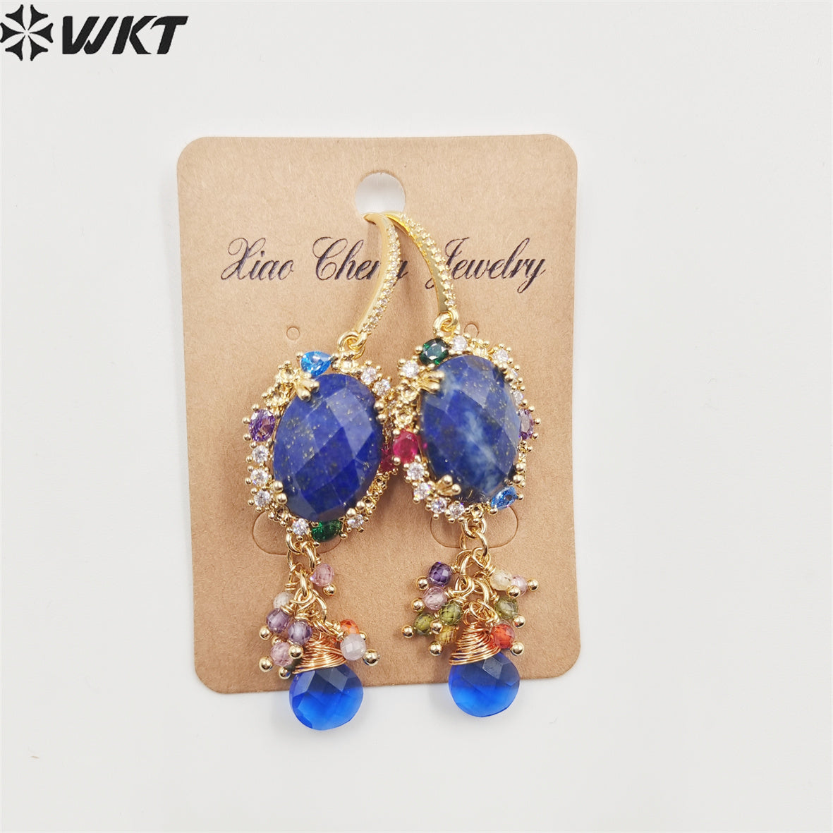 WT-E705 Charming Lady Colorful Handmade Dangling Hoops with Natural Gemstone Cubic Zircon Decorative Stone Earrings
