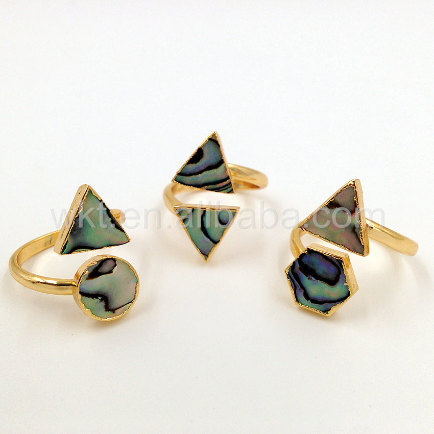 WT-R241 Wholesale 24k Gold Trim Lovely Abalone Shell Ring Double Stone Natural Abalone Shell Ring for Women Wedding Ring