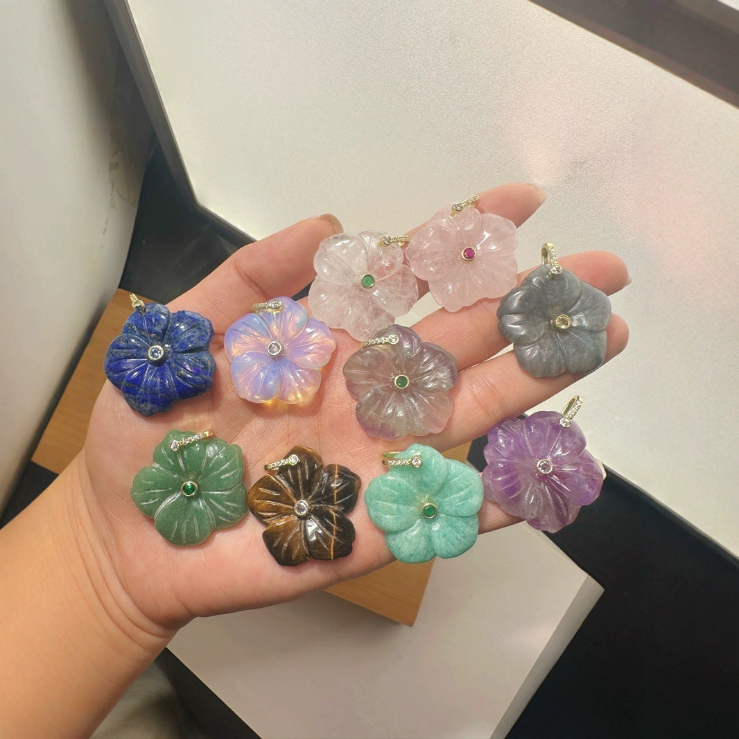 WT-P2029 Delicate Fashion Zircon And Natural Gemstones Hand Carved Lovely Flower Shape Pendant For Ladies Jewelry Making