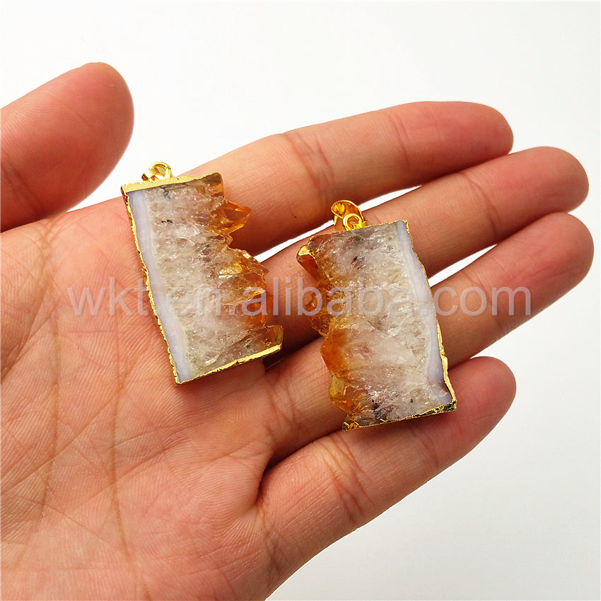 WT-P969 Natural Yellow Citrine Pendant Wholesale for Jewelry Making,high Quality Slice Yellow Citrine Pendant with Gold Plated