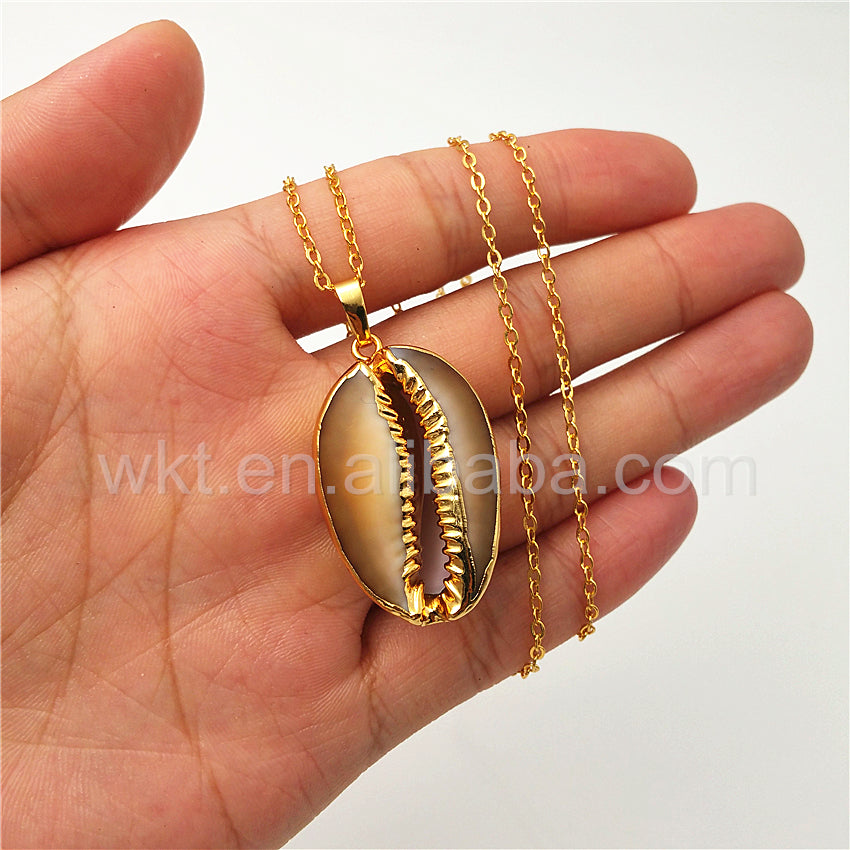 WT-JN018 New Design Brown Cowrie Necklace & Pendant Jewelry,Natural Brown Cowrie Necklace with 18" Gold Chain Necklace Wholesale