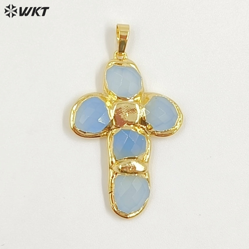 WT-P2027 Amazing Back Full Gold Plated Amazonite Multi Colors Natural Gemstones Cross Shape Pendants For Popular Necklace DIY