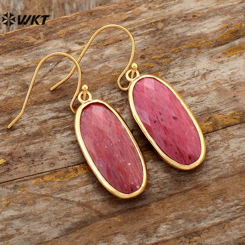 WT-E785 Wholesale Luxury Women Jewelry With Natural Amethyst Stone Long Oval Hoop Earrings Gold Plated For Daily Wearing Style
