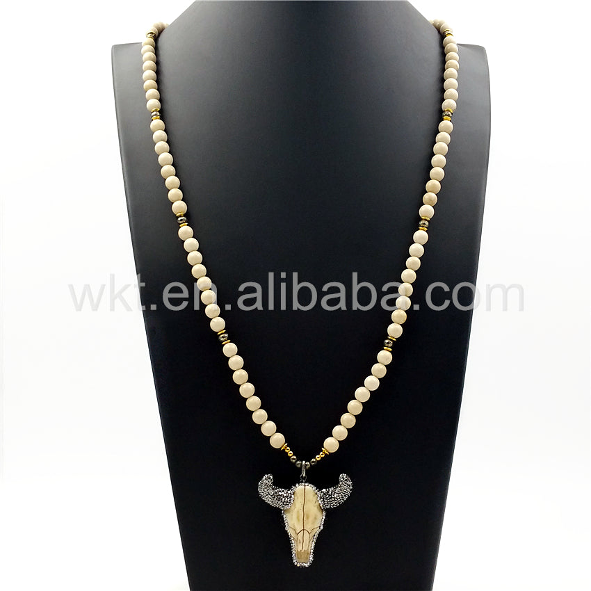 WT-N859 Fashion 8mm Cream Stone Beads Buffalo Head Necklace ,32" Beads Resin Buffalo Head Necklace in High Quality