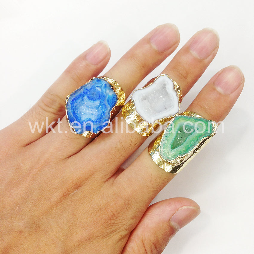 WT-R242 Fashion Design Trendy 24k Gold Plated Natural Druzy Geode Agate Ring Stone Ring