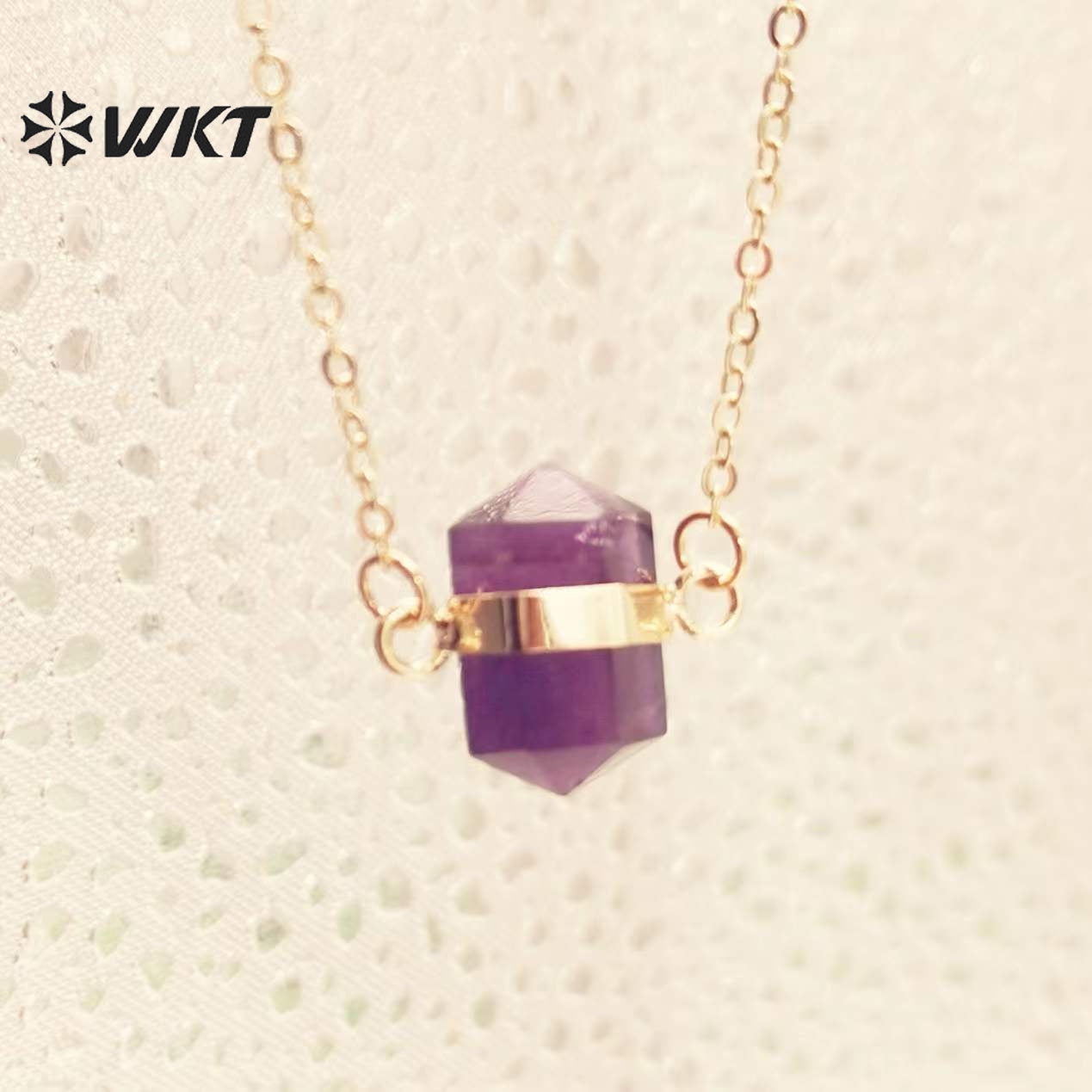 WT-N1379 Attractive Small Hexagon Necklace Fashion 18k Gold Plated Pendant Necklace Natural Crystal Quartz Pendant Necklace