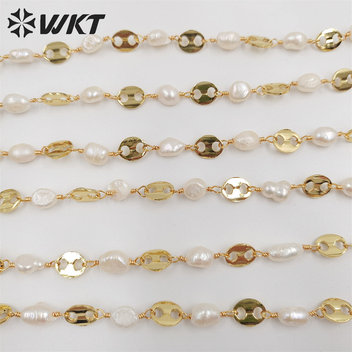 WT-RBC210 New Gold Electroplated Resist Tarnishable Freshwater Pearl Mixcure Chain for Jewelry Design Finding Bean Shape Chain