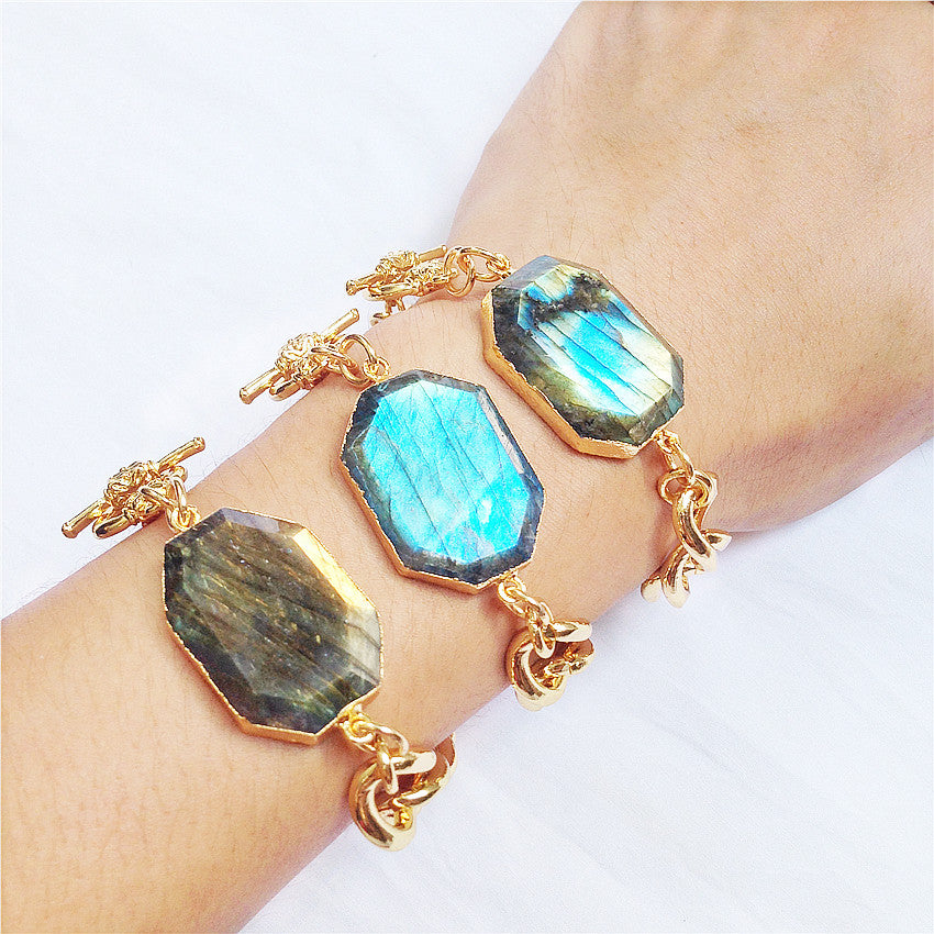 WT-B247 Wholesale High Quality Sparkly Labradorite Stone Bracelet in 24k Real Gold Plated