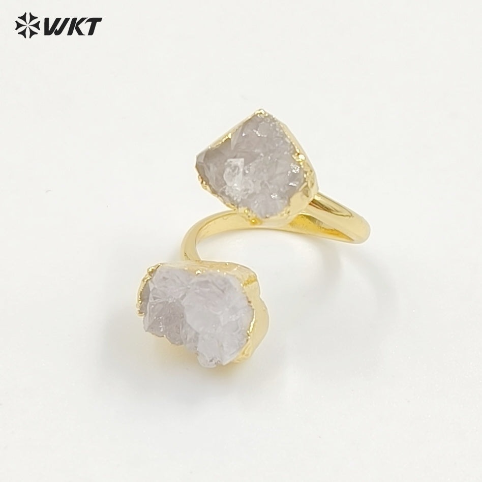 WT-R495 Amazing WKT New Design Natural Double Stone Druzy Crystal Quart and Black Tourmaline Stone Ring in Adjustable Size