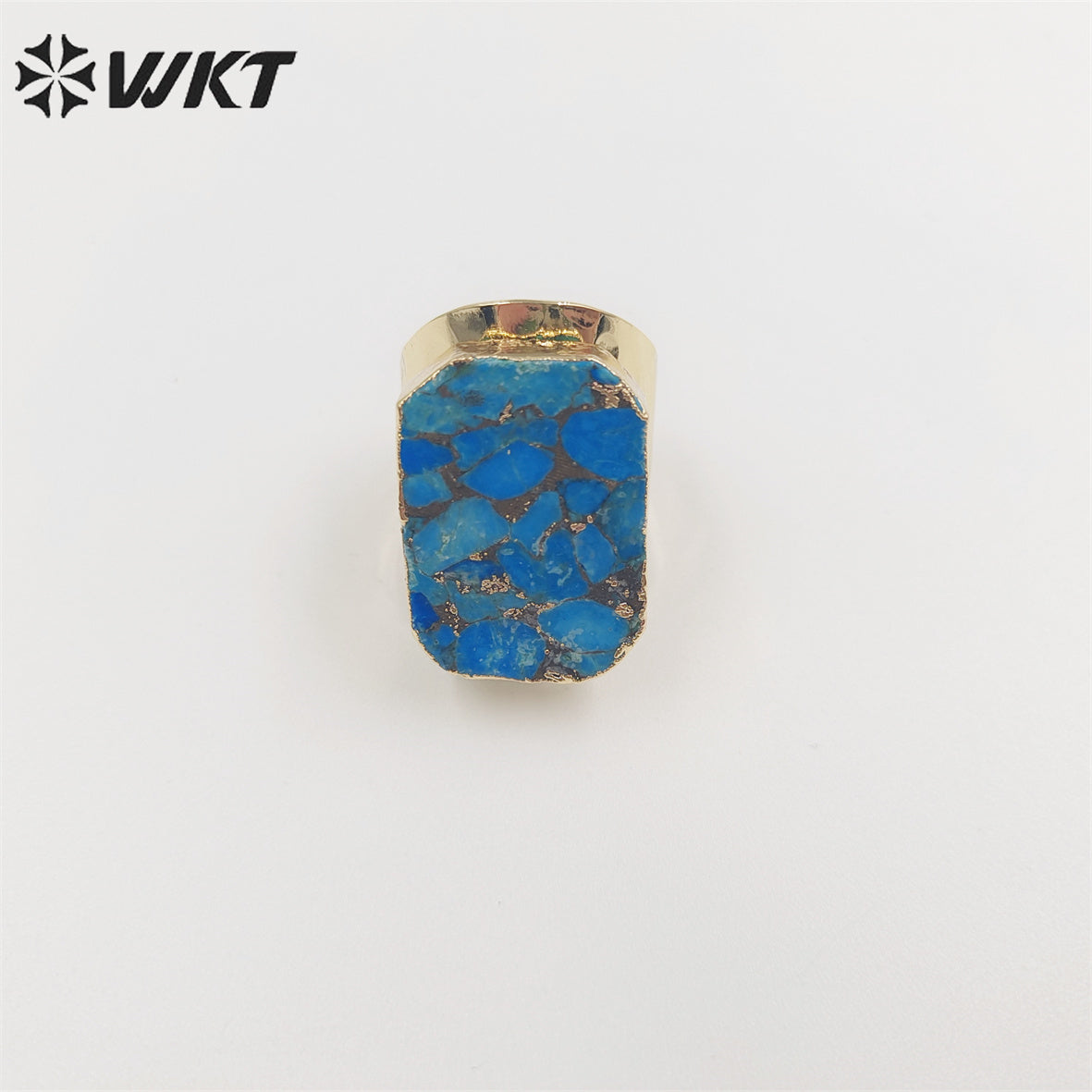 WT-R421 Wholesale Fashion Gold Long square Copper Turquoise Ring with Big Band Gorgeous Cocktail Party Ring for Women Stone Ring