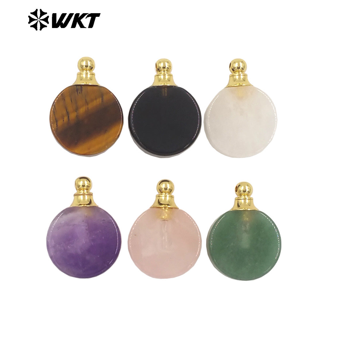 WT-P1982 Wholesale Fashion High Polish Round Flat Women Gold Loops Natural Gemstone Made Amethyst Essencial Oil Bottle Pendant