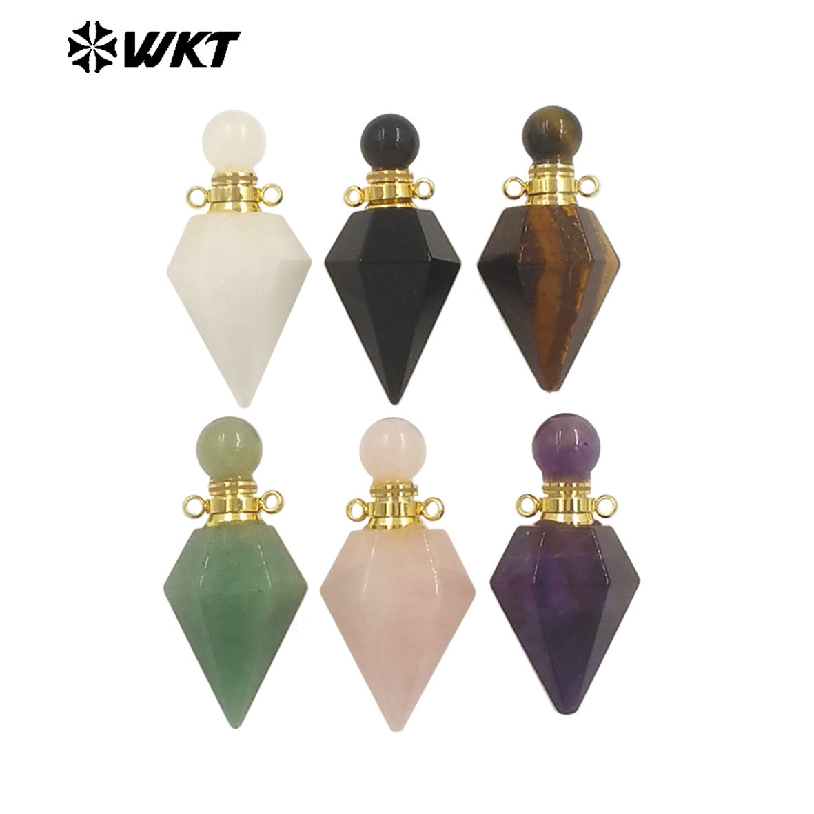WT-P1983 Wholesale Fashion 18K Gold Plated Stainless Steel Double Loops Bullet Point Natural Quartz Perfume Bottle Pendant