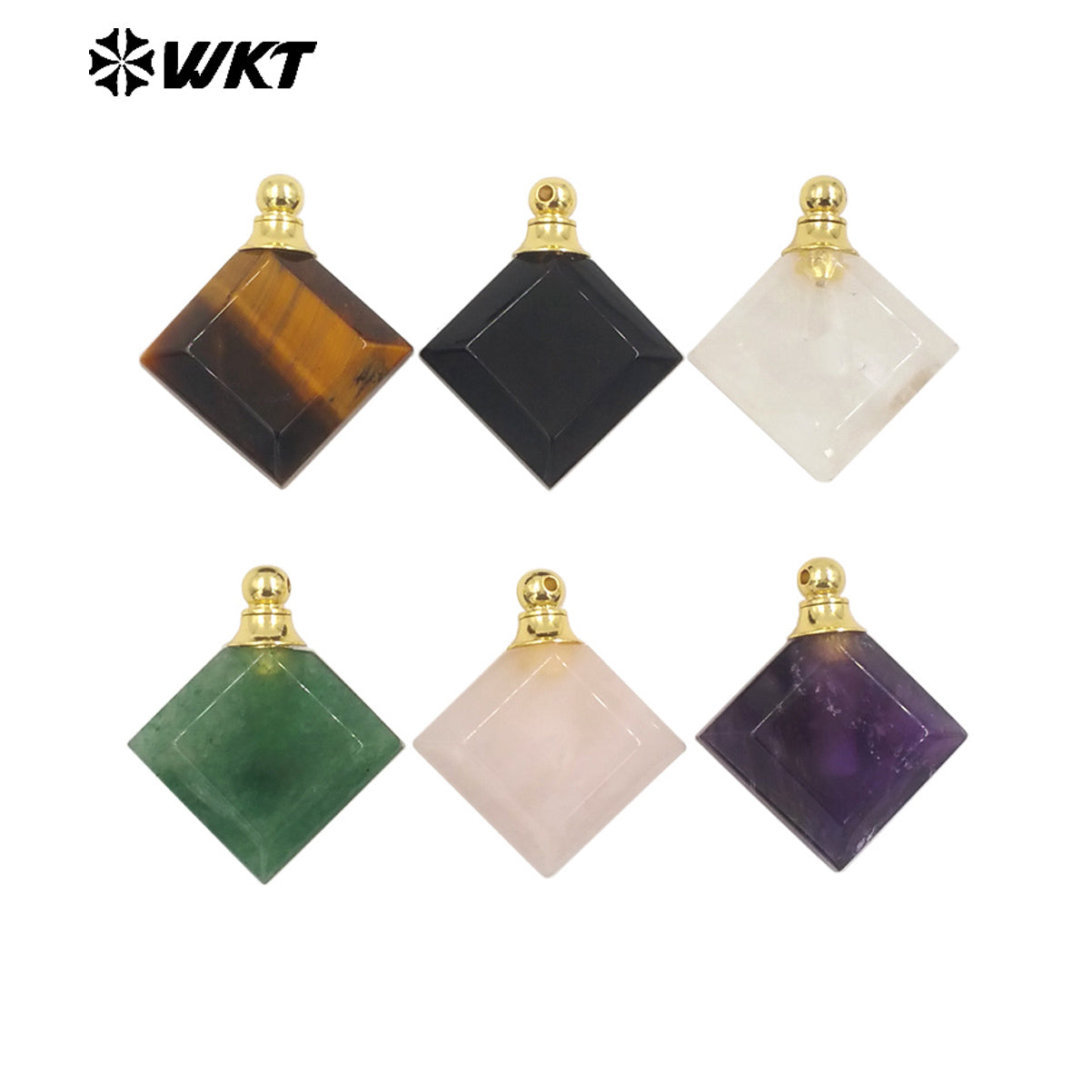 WT-P1980 Newest Fashion Gold Plated Diamond Shape Double Faceted Precious Gemstone Made Perfume Bottle Jewelry Pendants
