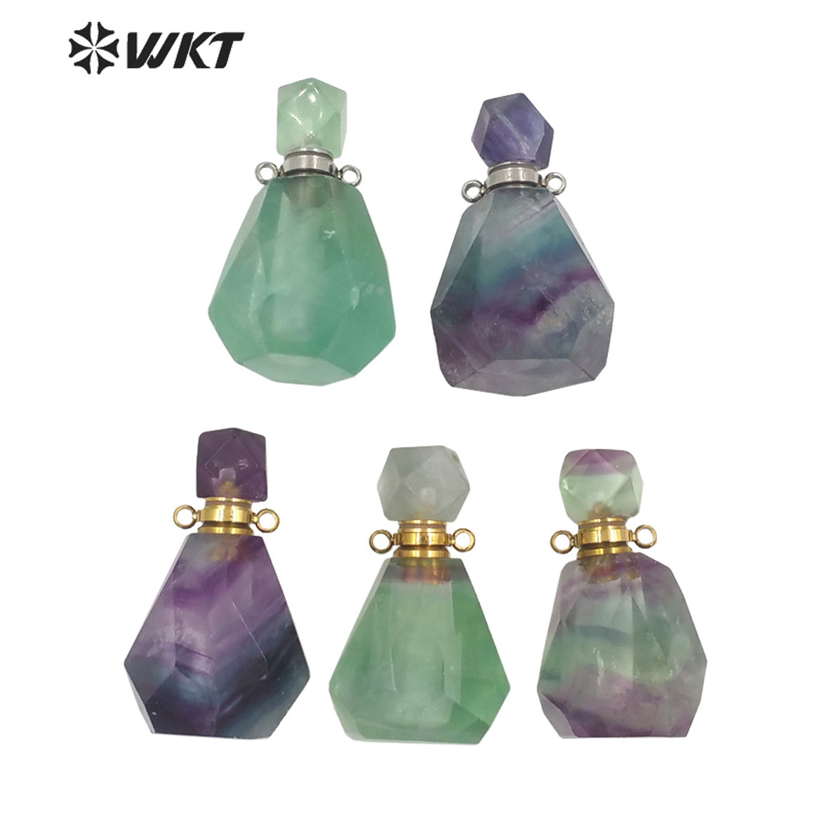 WT-P1670 WKT New Color Gorgeous Natural Rainbow Fluorite Stone Perfume Bottle Pendant with Stainless Steel Jewelry Findings