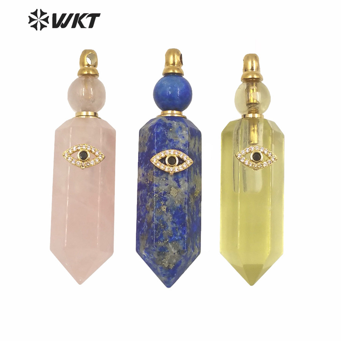 WT-P1603 NEW Charm Eye Hexagonal Spirit Point Rose Quartz Stone Perfume Bottle Women Fashion Gold Turkey Eye Perfume Pendant