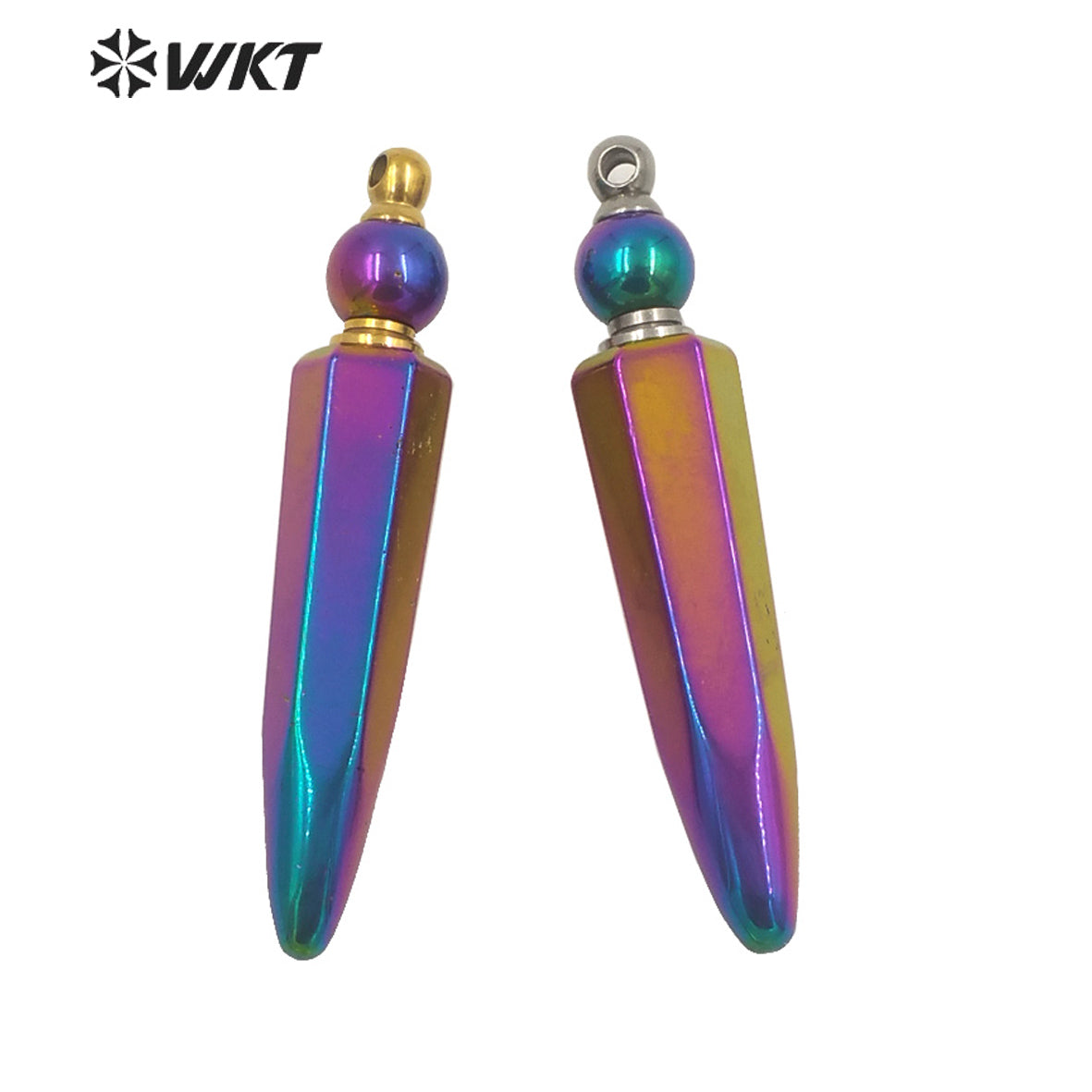 WT-P1643 Wholesale Fashion Rainbow Blue Titanium Bullet Long Perfume Bottle Stone Pendant Women Essencial Oil Bottle Pendant