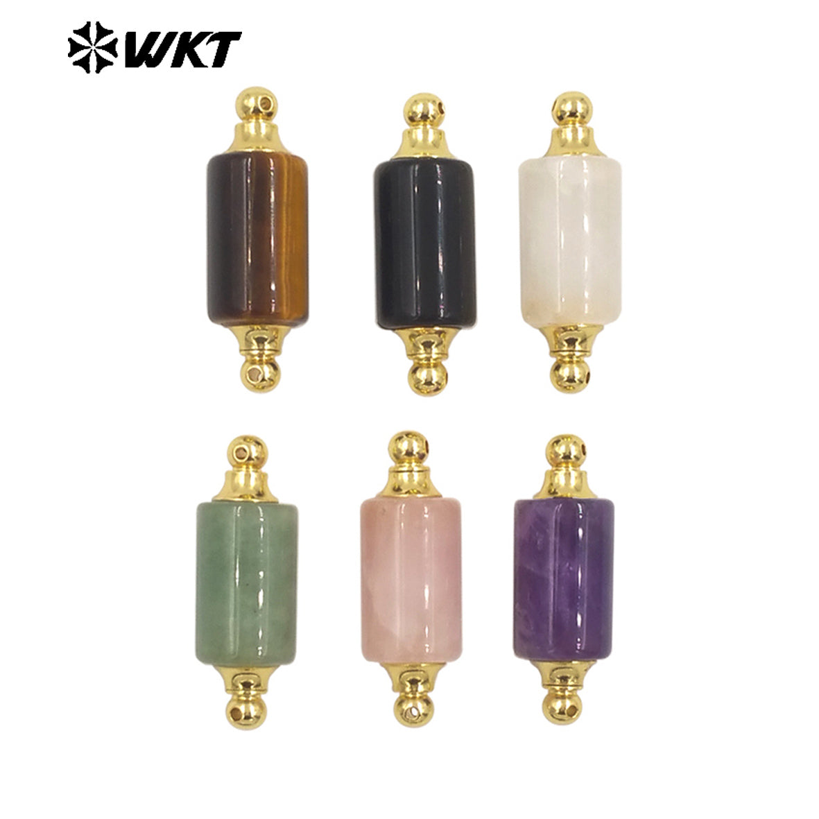 WT-P1981 Wholesale Newest Double Loops Round Cube Natural Rose Quartz Precious Stone Bottle Necklace Connector