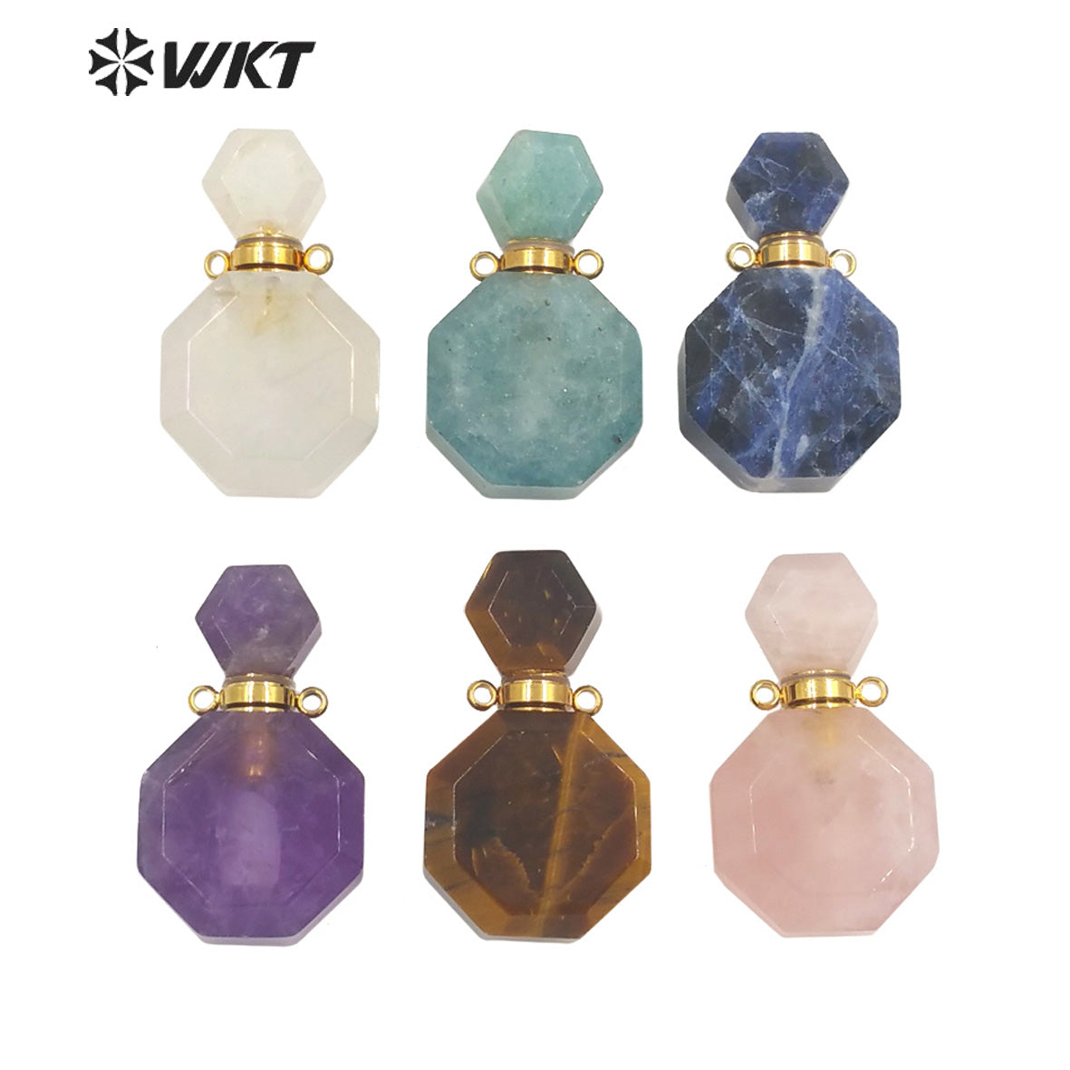 WT-P1759 WKT Hot Sale! Natural Stone Perfume Bottle Pendant Pink Quartz Amethyst Amazonite Pendant Jewelry Necklace Accessory